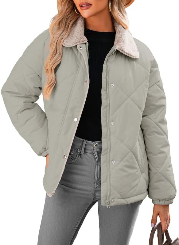 Women's Winter Casual Quilted Jackets Long Sleeve Button Down Puffer Jacket Padded Outerwear Coats