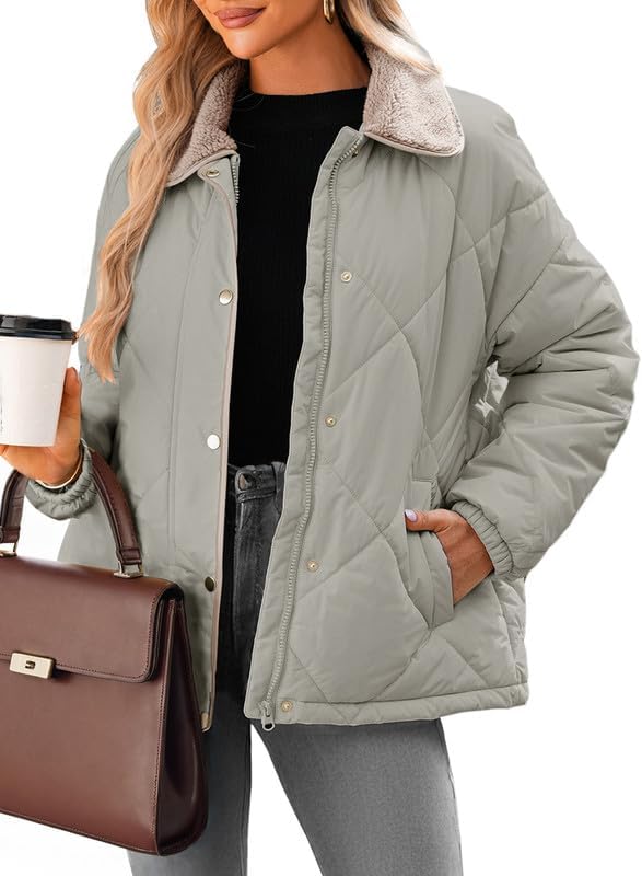 Women's Winter Casual Quilted Jackets Long Sleeve Button Down Puffer Jacket Padded Outerwear Coats - Image 2