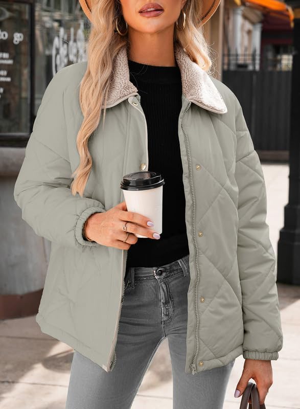 Women's Winter Casual Quilted Jackets Long Sleeve Button Down Puffer Jacket Padded Outerwear Coats - Image 3