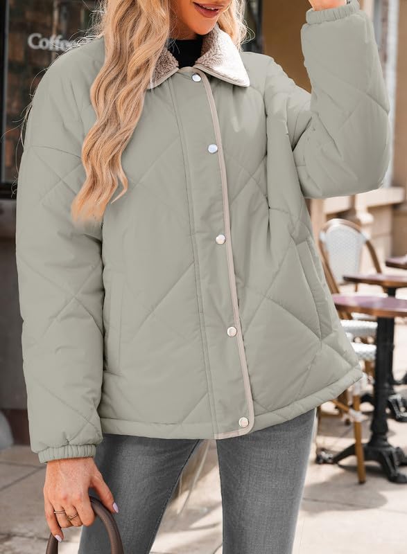 Women's Winter Casual Quilted Jackets Long Sleeve Button Down Puffer Jacket Padded Outerwear Coats - Image 4