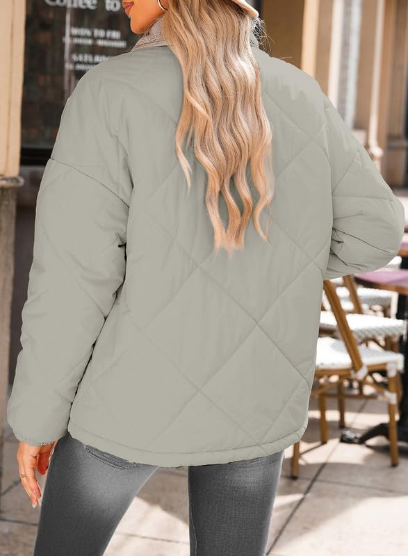 Women's Winter Casual Quilted Jackets Long Sleeve Button Down Puffer Jacket Padded Outerwear Coats - Image 5